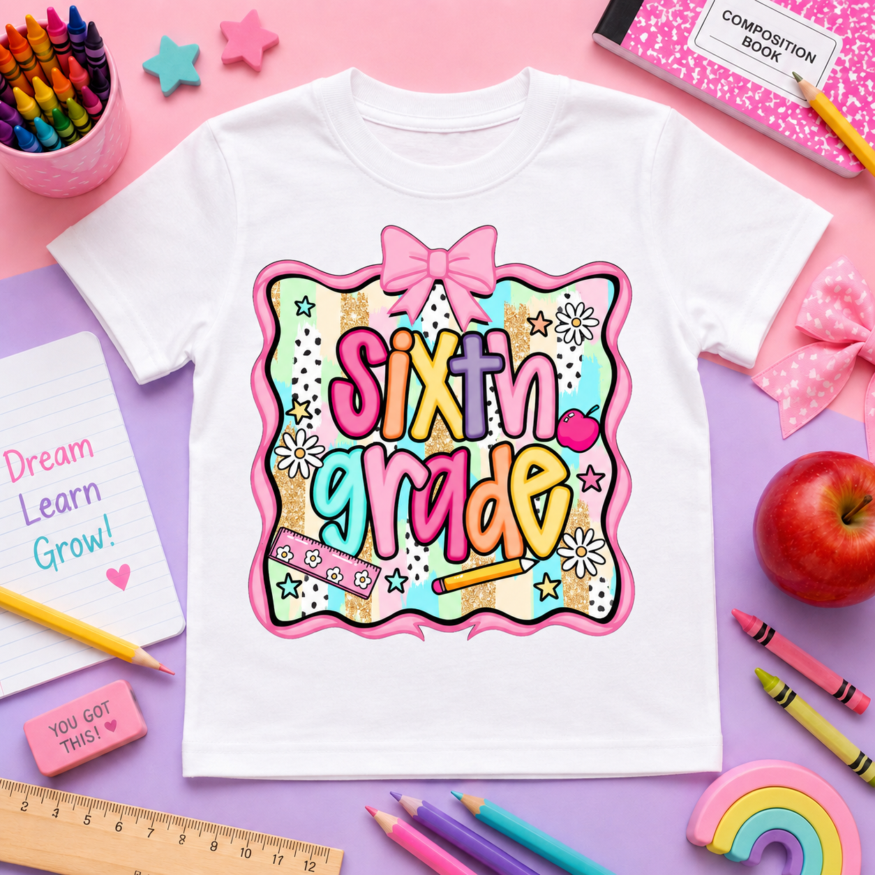 Girls Back-to-School Grade Level Shirt | Pre-K Through Sixth Grade | Colorful Bow School T-Shirt