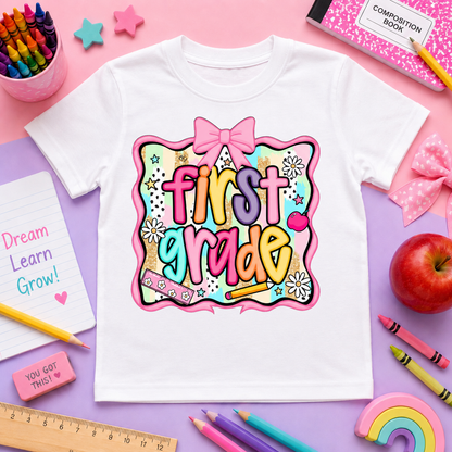 Girls Back-to-School Grade Level Shirt | Pre-K Through Sixth Grade | Colorful Bow School T-Shirt