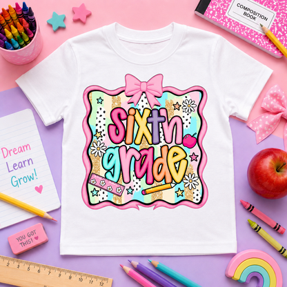 Girls Back-to-School Grade Level Shirt | Pre-K Through Sixth Grade | Colorful Bow School T-Shirt