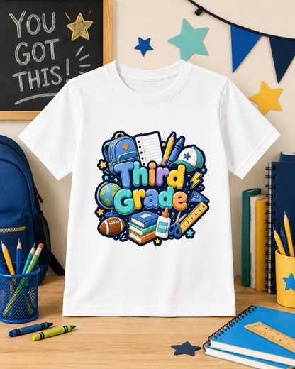 Boys Back-to-School Grade Level Shirt | Pre-K Through Sixth Grade | Colorful Bow School T-Shirt