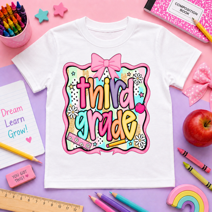 Girls Back-to-School Grade Level Shirt | Pre-K Through Sixth Grade | Colorful Bow School T-Shirt