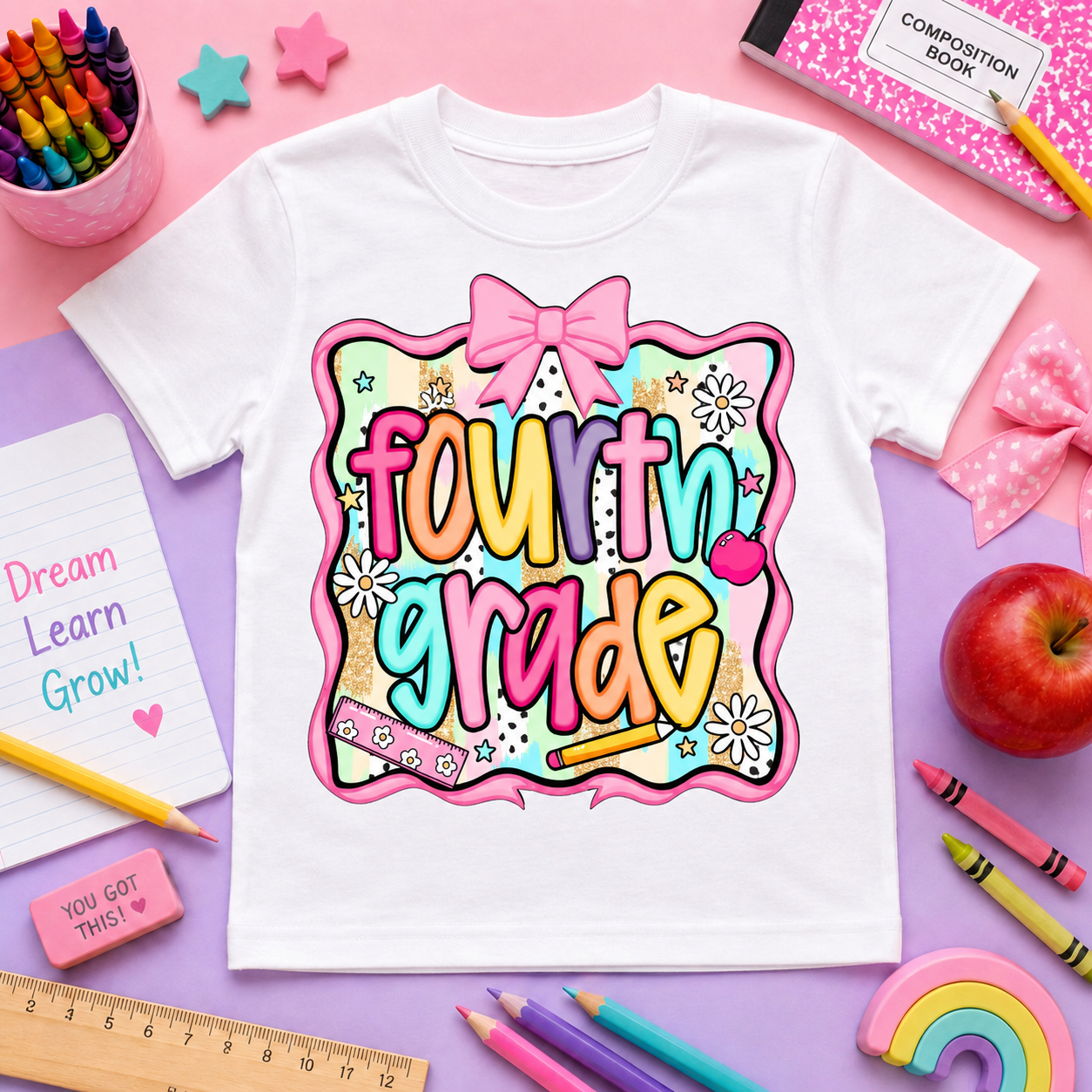 Girls Back-to-School Grade Level Shirt | Pre-K Through Sixth Grade | Colorful Bow School T-Shirt