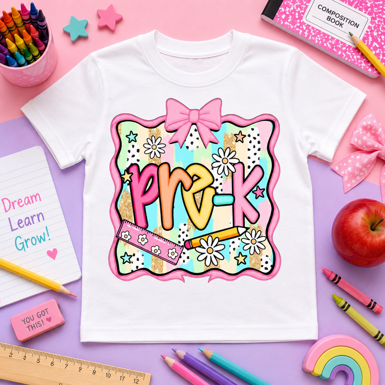 Girls Back-to-School Grade Level Shirt | Pre-K Through Sixth Grade | Colorful Bow School T-Shirt
