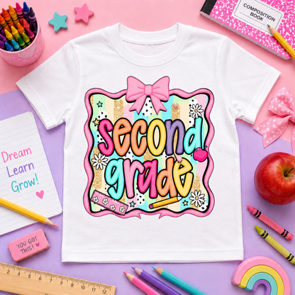 Girls Back-to-School Grade Level Shirt | Pre-K Through Sixth Grade | Colorful Bow School T-Shirt